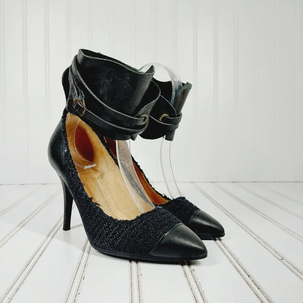 Isabel Marant Black Leather Ankle Wide Buckle Strap Pointy Toe High Heels D756 - Picture 4 of 13